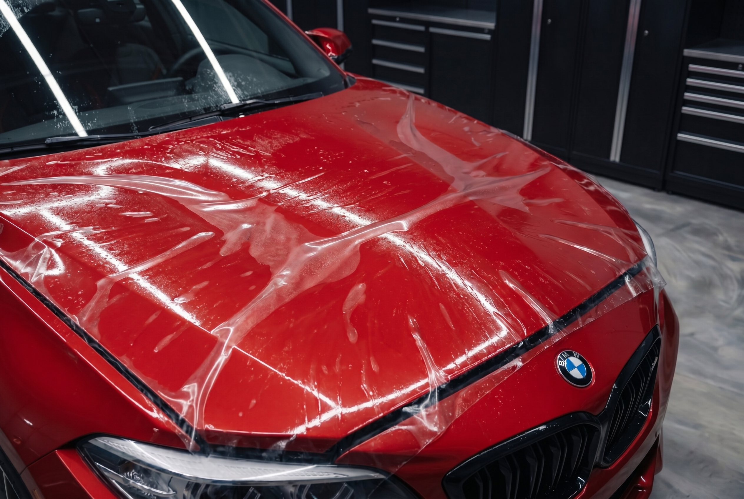 Clear paint protection film being applied to a red BMW's hood